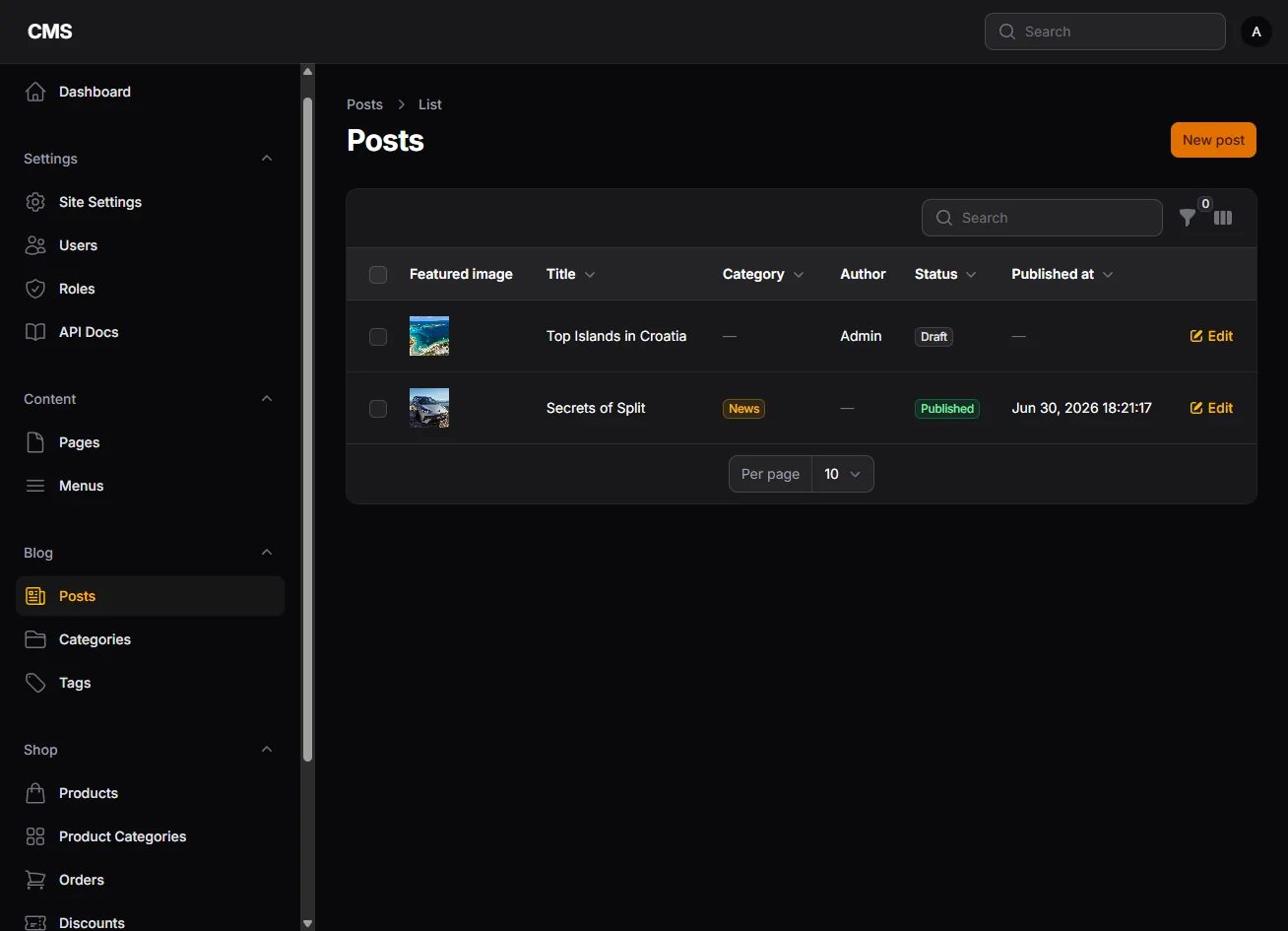 Hi-Story CMS admin panel